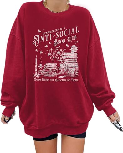 سويت شيرت نسائي من Anti Social Book Club، سويت شيرت مطبوع عليه كتاب المعلم، كنزة صوفية مضحكة كبيرة الحجم in Kuwait