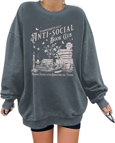 سويت شيرت نسائي من Anti Social Book Club، سويت شيرت مطبوع عليه كتاب المعلم، كنزة صوفية مضحكة كبيرة الحجم in Kuwait