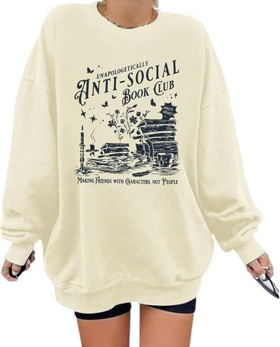 سويت شيرت نسائي من Anti Social Book Club، سويت شيرت مطبوع عليه كتاب المعلم، كنزة صوفية مضحكة كبيرة الحجم in Kuwait