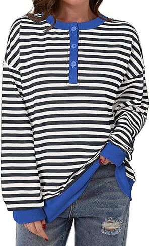 Womens Casual Crewneck Color Block Striped Oversized Sweatshirt Long Sleeve Shirts Tunic Tops in Saudi Arabia