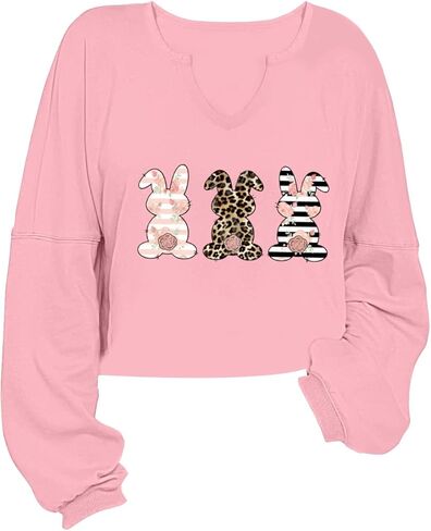 سويت شيرت نسائي على شكل أرنب عيد الفصح بأكمام طويلة ورقبة على شكل حرف V وقمصان قصيرة على شكل أرنب لطيف وقمصان جرافيكية in Kuwait