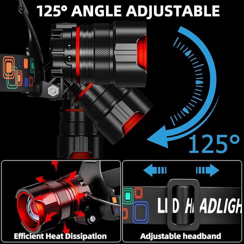 مصباح أمامي قابل لإعادة الشحن بقوة 900000 لومن عالي السطوع، مصباح رأس LED فائق السطوع مع مستشعر للحركة، 5 أوضاع، IPX7 مقاوم للماء، قابل للتعديل 90 درجة، مصباح أمامي قابل للتكبير للتخييم في الهواء الطلق وركوب الدراجات والجري in Kuwait