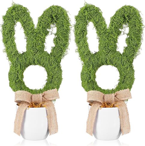 2 Pcs Easter Moss Bunny Decorations Topiary Artificial Easter Bunny Shaped Topiary Trees with Gold Bow Faux Artificial Moss Fake Green Grass Rabbit Plant Decor for Indoor Outdoor Home Porch Decor in Saudi Arabia