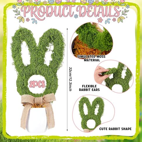 2 Pcs Easter Moss Bunny Decorations Topiary Artificial Easter Bunny Shaped Topiary Trees with Gold Bow Faux Artificial Moss Fake Green Grass Rabbit Plant Decor for Indoor Outdoor Home Porch Decor in Saudi Arabia