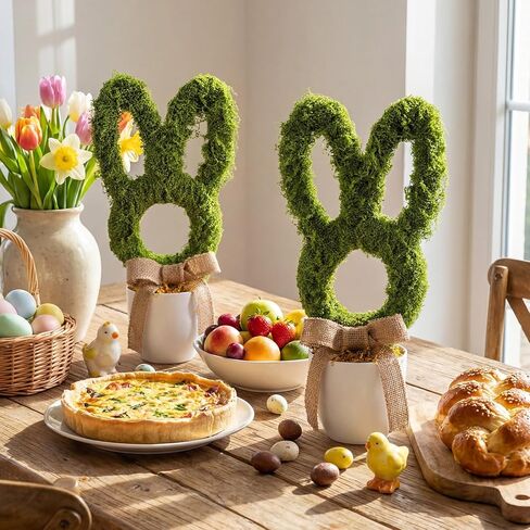2 Pcs Easter Moss Bunny Decorations Topiary Artificial Easter Bunny Shaped Topiary Trees with Gold Bow Faux Artificial Moss Fake Green Grass Rabbit Plant Decor for Indoor Outdoor Home Porch Decor in Saudi Arabia