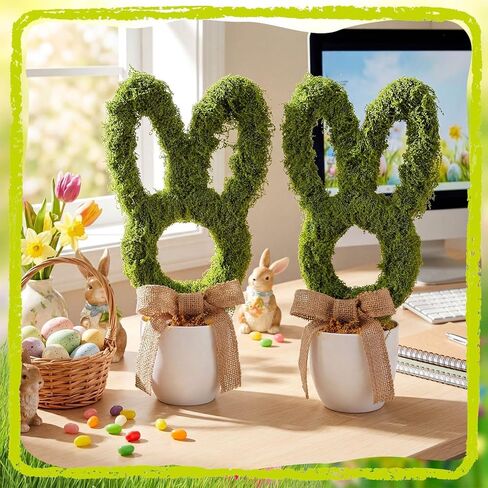 2 Pcs Easter Moss Bunny Decorations Topiary Artificial Easter Bunny Shaped Topiary Trees with Gold Bow Faux Artificial Moss Fake Green Grass Rabbit Plant Decor for Indoor Outdoor Home Porch Decor in Saudi Arabia