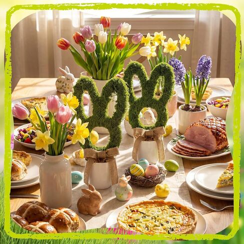 2 Pcs Easter Moss Bunny Decorations Topiary Artificial Easter Bunny Shaped Topiary Trees with Gold Bow Faux Artificial Moss Fake Green Grass Rabbit Plant Decor for Indoor Outdoor Home Porch Decor in Saudi Arabia