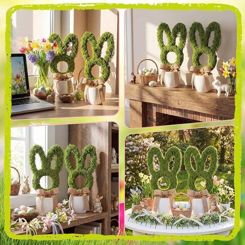 2 Pcs Easter Moss Bunny Decorations Topiary Artificial Easter Bunny Shaped Topiary Trees with Gold Bow Faux Artificial Moss Fake Green Grass Rabbit Plant Decor for Indoor Outdoor Home Porch Decor in Saudi Arabia