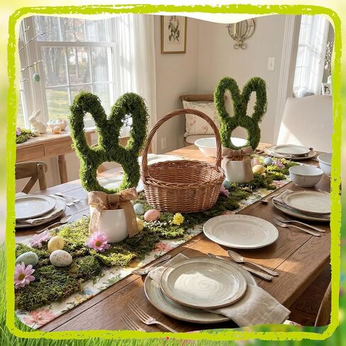 2 Pcs Easter Moss Bunny Decorations Topiary Artificial Easter Bunny Shaped Topiary Trees with Gold Bow Faux Artificial Moss Fake Green Grass Rabbit Plant Decor for Indoor Outdoor Home Porch Decor in Saudi Arabia
