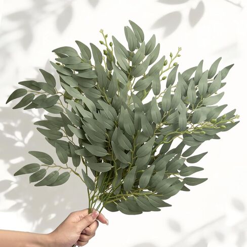 24pcs Artificial Italian Ruscus Greenery Stems 21" Faux Greenery Picks Silk Willow Leaves Stems Hanging Spray for Wedding Arch Bridal Bouquet Table Centerpieces Crafts Vase Filler Home Decor in Saudi Arabia