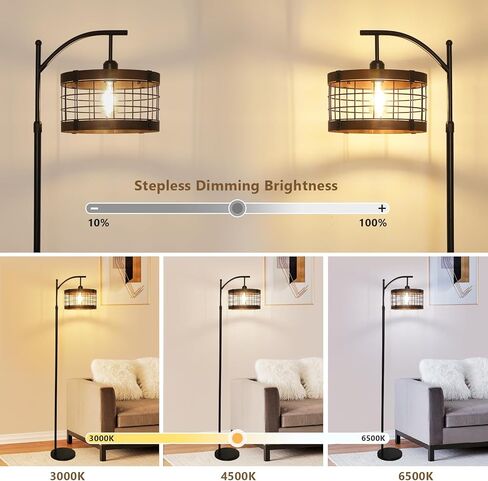 مصباح أرضي مقوس مع لمبة LED عن بعد وخافتة للضوء، مصابيح أرضية خشبية عتيقة لغرفة المعيشة، مصباح قائم أسود صناعي مع 3 درجات حرارة ألوان، مصباح طويل ريفي للمزرعة لزاوية مكتب غرفة النوم in Kuwait