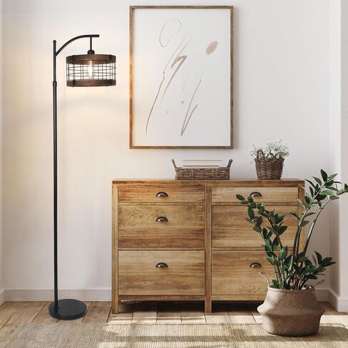 مصباح أرضي مقوس مع لمبة LED عن بعد وخافتة للضوء، مصابيح أرضية خشبية عتيقة لغرفة المعيشة، مصباح قائم أسود صناعي مع 3 درجات حرارة ألوان، مصباح طويل ريفي للمزرعة لزاوية مكتب غرفة النوم in Kuwait