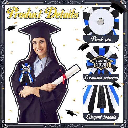 2 Pcs Graduation Badge Pin Class of 2026 Button Pin Embroidery Graduation Brooch Button with Tassels Blue Grad Badge Ribbon Handmade for Adult School Congrat 2026 Grad Party in Saudi Arabia
