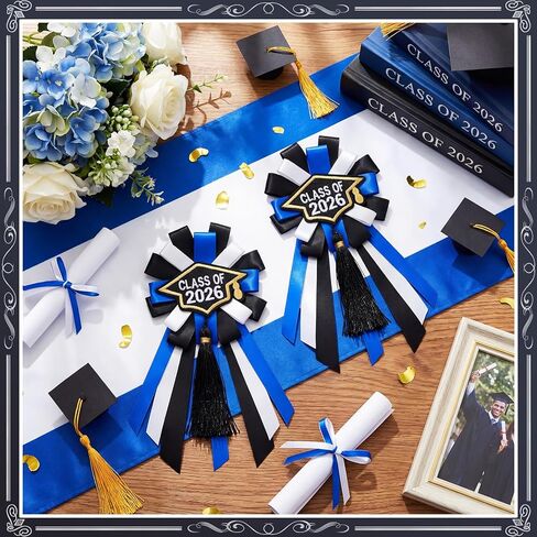 2 Pcs Graduation Badge Pin Class of 2026 Button Pin Embroidery Graduation Brooch Button with Tassels Blue Grad Badge Ribbon Handmade for Adult School Congrat 2026 Grad Party in Saudi Arabia