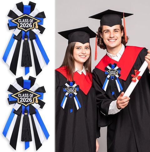 2 Pcs Graduation Badge Pin Class of 2026 Button Pin Embroidery Graduation Brooch Button with Tassels Blue Grad Badge Ribbon Handmade for Adult School Congrat 2026 Grad Party in Saudi Arabia