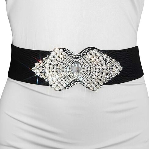 Black Stretch Belt Rhinestone Flower Wide Women Belts Crystal Fashion Waist Belt for Dress in Kuwait