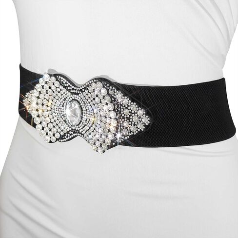 Black Stretch Belt Rhinestone Flower Wide Women Belts Crystal Fashion Waist Belt for Dress in Kuwait