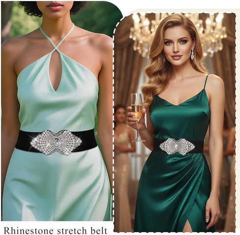 Black Stretch Belt Rhinestone Flower Wide Women Belts Crystal Fashion Waist Belt for Dress in Kuwait