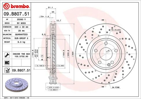 Brembo 09.B807.51 UV Coated vented drilled Front Brake Rotor MERCEDES-BENZ/MERCEDES-BENZ (BBDC) OE# A2464212712 in Saudi Arabia