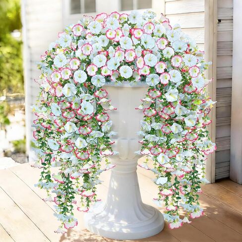 Artificial Hanging Flowers for Outdoors, 2 PCS 300 Blooms UV Resistant Morning Glory Faux Silk Vines, No-Odor Realistic Fake Plants for Garden Planter Porch Patio Decoration, Fuchsia & LightPurple in Saudi Arabia