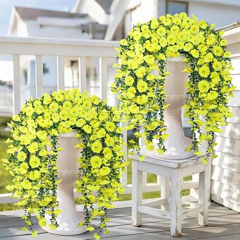 Artificial Hanging Flowers for Outdoors, 2 PCS 300 Blooms UV Resistant Morning Glory Faux Silk Vines, No-Odor Realistic Fake Plants for Garden Planter Porch Patio Decoration, Fuchsia & LightPurple in Saudi Arabia