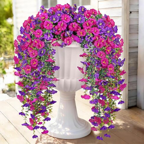 Artificial Hanging Flowers for Outdoors, 2 PCS 300 Blooms UV Resistant Morning Glory Faux Silk Vines, No-Odor Realistic Fake Plants for Garden Planter Porch Patio Decoration, Fuchsia & LightPurple in Saudi Arabia
