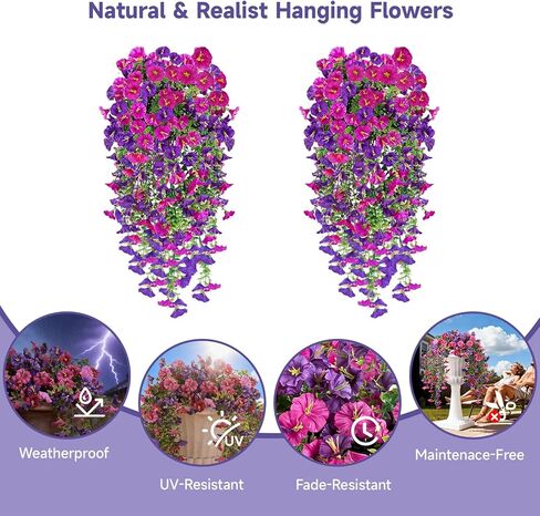 Artificial Hanging Flowers for Outdoors, 2 PCS 300 Blooms UV Resistant Morning Glory Faux Silk Vines, No-Odor Realistic Fake Plants for Garden Planter Porch Patio Decoration, Fuchsia & LightPurple in Saudi Arabia