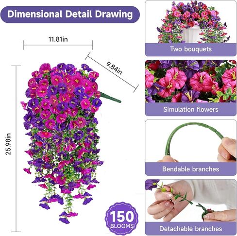 Artificial Hanging Flowers for Outdoors, 2 PCS 300 Blooms UV Resistant Morning Glory Faux Silk Vines, No-Odor Realistic Fake Plants for Garden Planter Porch Patio Decoration, Fuchsia & LightPurple in Saudi Arabia