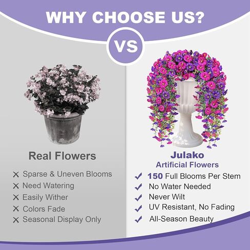 Artificial Hanging Flowers for Outdoors, 2 PCS 300 Blooms UV Resistant Morning Glory Faux Silk Vines, No-Odor Realistic Fake Plants for Garden Planter Porch Patio Decoration, Fuchsia & LightPurple in Saudi Arabia