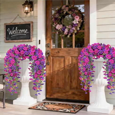 Artificial Hanging Flowers for Outdoors, 2 PCS 300 Blooms UV Resistant Morning Glory Faux Silk Vines, No-Odor Realistic Fake Plants for Garden Planter Porch Patio Decoration, Fuchsia & LightPurple in Saudi Arabia
