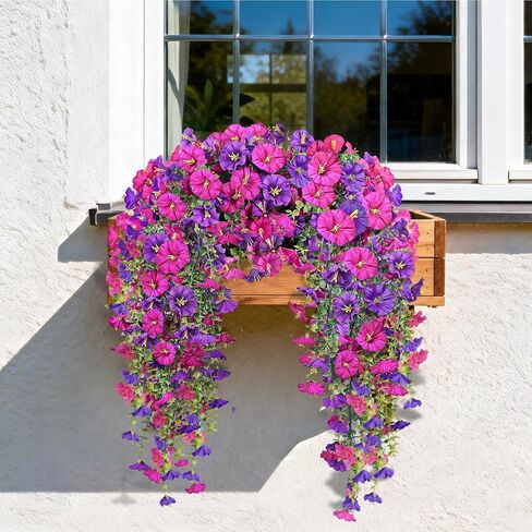 Artificial Hanging Flowers for Outdoors, 2 PCS 300 Blooms UV Resistant Morning Glory Faux Silk Vines, No-Odor Realistic Fake Plants for Garden Planter Porch Patio Decoration, Fuchsia & LightPurple in Saudi Arabia