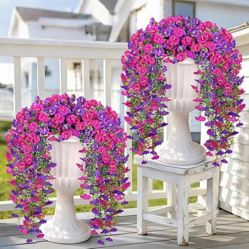 Artificial Hanging Flowers for Outdoors, 2 PCS 300 Blooms UV Resistant Morning Glory Faux Silk Vines, No-Odor Realistic Fake Plants for Garden Planter Porch Patio Decoration, Fuchsia & LightPurple in Saudi Arabia