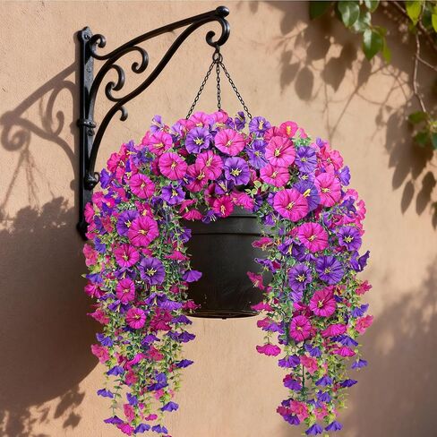 Artificial Hanging Flowers for Outdoors, 2 PCS 300 Blooms UV Resistant Morning Glory Faux Silk Vines, No-Odor Realistic Fake Plants for Garden Planter Porch Patio Decoration, Fuchsia & LightPurple in Saudi Arabia