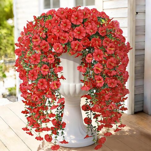 Artificial Hanging Flowers for Outdoors, 2 PCS 300 Blooms UV Resistant Morning Glory Faux Silk Vines, No-Odor Realistic Fake Plants for Garden Planter Porch Patio Decoration, Fuchsia & LightPurple in Saudi Arabia