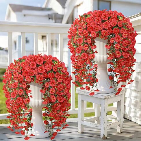 Artificial Hanging Flowers for Outdoors, 2 PCS 300 Blooms UV Resistant Morning Glory Faux Silk Vines, No-Odor Realistic Fake Plants for Garden Planter Porch Patio Decoration, Fuchsia & LightPurple in Saudi Arabia
