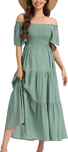 Women's Summer Ruffle Short Sleeve Maternity Maxi Dress Flowy Tiered A Line Photoshoot Baby Shower Dress in Saudi Arabia