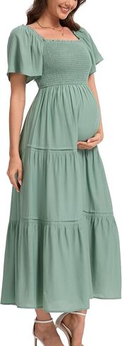 Women's Summer Ruffle Short Sleeve Maternity Maxi Dress Flowy Tiered A Line Photoshoot Baby Shower Dress in Saudi Arabia