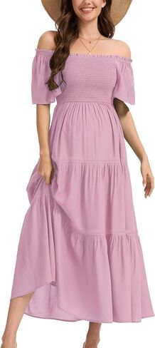 Women's Summer Ruffle Short Sleeve Maternity Maxi Dress Flowy Tiered A Line Photoshoot Baby Shower Dress in Saudi Arabia