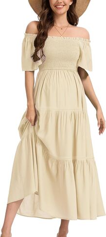 Women's Summer Ruffle Short Sleeve Maternity Maxi Dress Flowy Tiered A Line Photoshoot Baby Shower Dress in Saudi Arabia