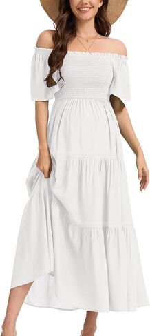 Women's Summer Ruffle Short Sleeve Maternity Maxi Dress Flowy Tiered A Line Photoshoot Baby Shower Dress in Saudi Arabia