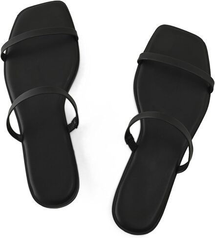 Shoe'N Tale Strappy Flat Sandals for Women Slip On Square Open Toe Slides Sandals in Saudi Arabia
