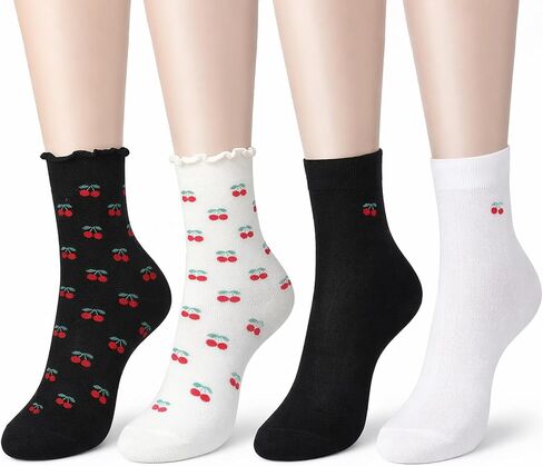 4 Pairs Cherry Socks, Cute Ankle Crew Socks Cotton Ruffle Frilly Trim Thin Breathable Casual Athletic Novelty Socks for Women Girls in Saudi Arabia