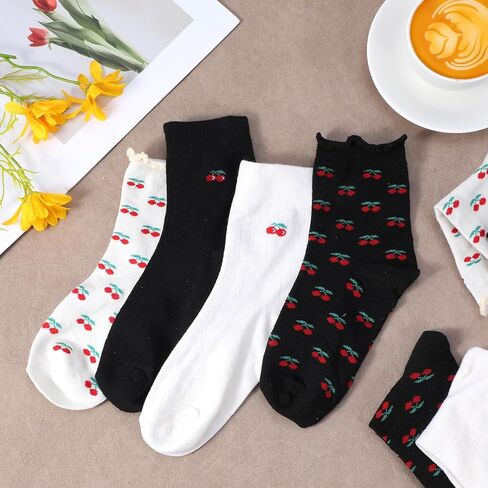 4 Pairs Cherry Socks, Cute Ankle Crew Socks Cotton Ruffle Frilly Trim Thin Breathable Casual Athletic Novelty Socks for Women Girls in Saudi Arabia