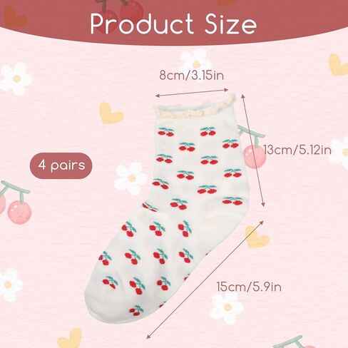 4 Pairs Cherry Socks, Cute Ankle Crew Socks Cotton Ruffle Frilly Trim Thin Breathable Casual Athletic Novelty Socks for Women Girls in Saudi Arabia