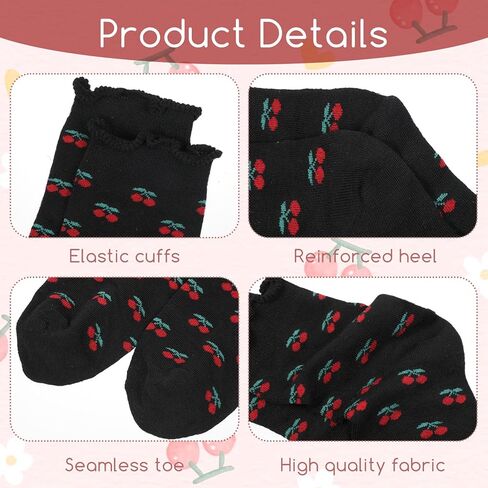 4 Pairs Cherry Socks, Cute Ankle Crew Socks Cotton Ruffle Frilly Trim Thin Breathable Casual Athletic Novelty Socks for Women Girls in Saudi Arabia