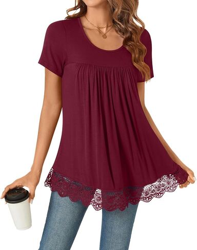 Netsmile Women's Tunic Tops 2026 Short Sleeve T-Shirts Summer Casual Hide Belly Elastic Shirt with Lace Hem in Saudi Arabia