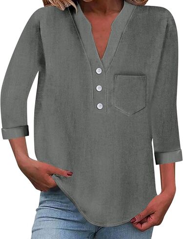 3/4 Sleeve Linen Shirts for Women - Cotton Linen Shirts Plus Size Button V Neck Dressy Blouses 2026 Summer Tunic Tops in Saudi Arabia