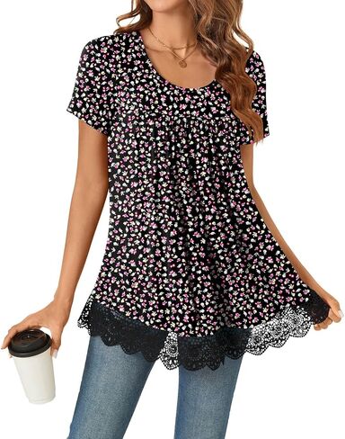 Netsmile Women's Tunic Tops 2026 Short Sleeve T-Shirts Summer Casual Hide Belly Elastic Shirt with Lace Hem in Saudi Arabia