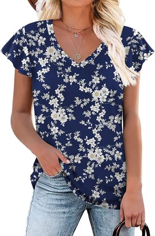 تيشيرتات كاجوال للسيدات من HOTGIFT برقبة على شكل حرف V وأكمام قصيرة بتلات، بلوزة أساسية فضفاضة ومريحة للشاطئ in Kuwait