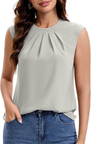 Funlingo Women's Summer Tops Dressy Casual Short Cap Sleeve Blouses Crew Neck Pleated Work Shirts for Business Office in Kuwait